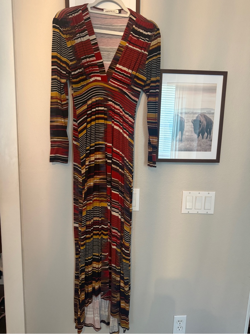 Veronica M Striped V-Neck Maxi Dress - Red, Mustard, Black, Cream
